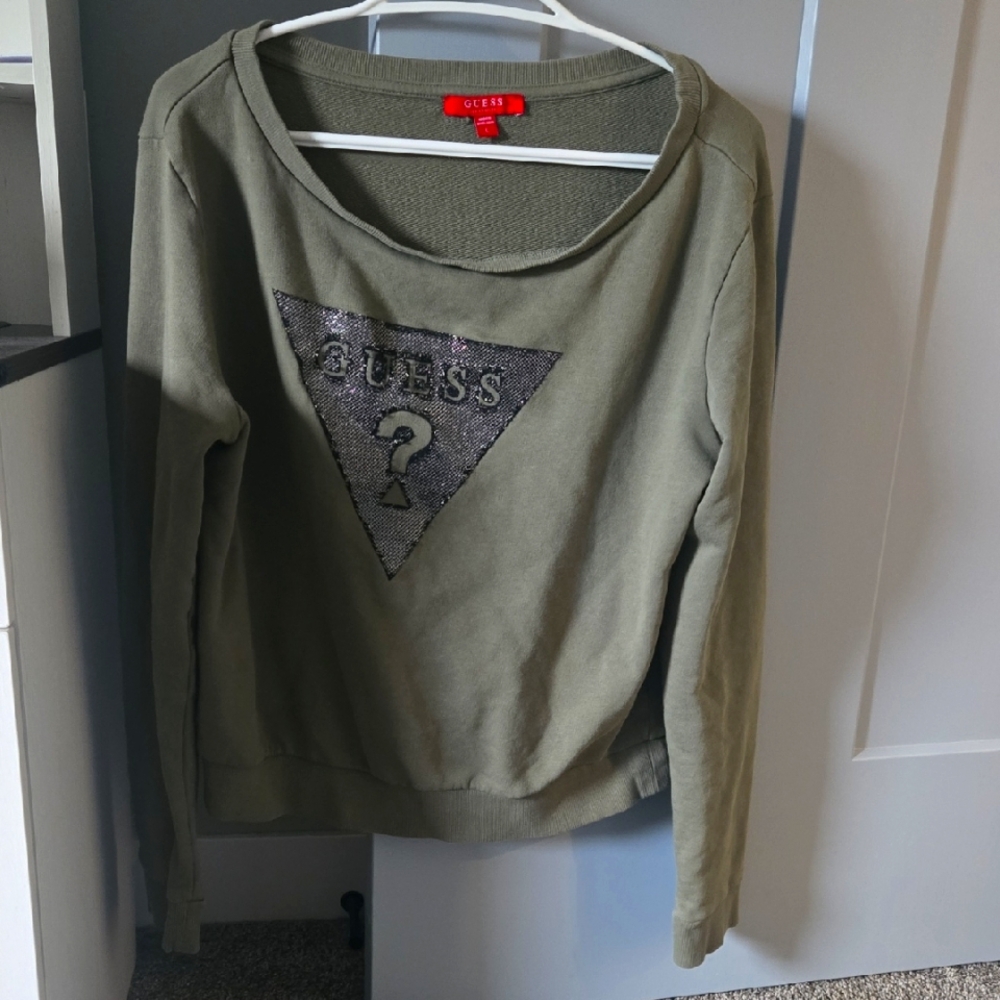 Guess Khaki Green Sequin Logo Top